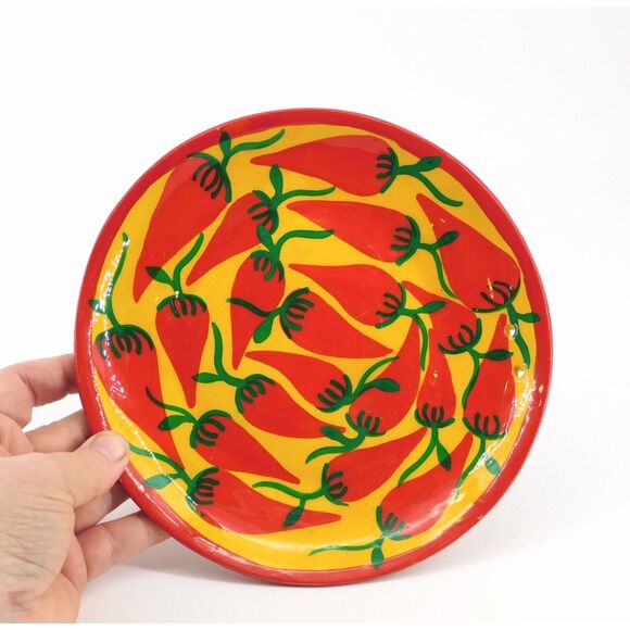 Hand Painted Pottery Bowl Plate Set Red Chili Peppers - Picture 5 of 6